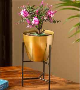 Magnifique pot de fleurs moderne en métal doré avec support en fer noir, pot de fleurs décoratif d'intérieur, support en fil métallique pour la décoration de la maison - Product Image 5