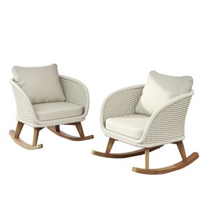 Set di 2 sedie a dondolo contemporanee minimaliste in vimini beige da 29,5 pollici con struttura in legno resistente e morbidi cuscini in poliestere - Product Image 3