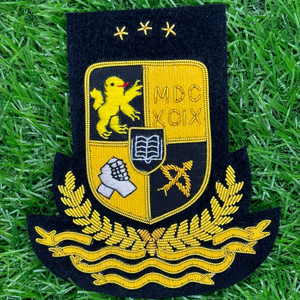 Parche de escudo bordado personalizado con hilo dorado para coser en prendas. - Product Image 2