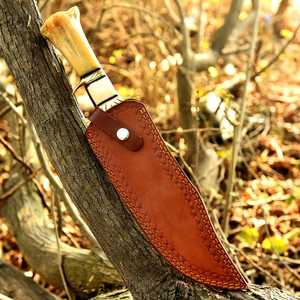 มีดล่าสัตว์เหล็กดามัสกัสคุณภาพเยี่ยม ด้ามจับทำจากกระดูกธรรมชาติ พร้อมปลอกหนัง สำหรับกิจกรรมกลางแจ้ง รับผลิตแบบ OEM - Product Image 5