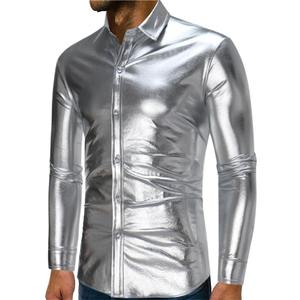 Chemises en cuir pour hommes, motif tendance, chemise en similicuir PU brillant à manches longues, t-shirts de danse, chemise vintage automne-hiver pour hommes - Product Image 4