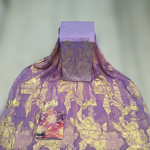 Conjunto Completo de Lujo Color Lavanda Morado con Estampado Floral Fransawi Dirac y Panel Bordado en Oro para Vestidos de Boda Somalíes - Product Image 1