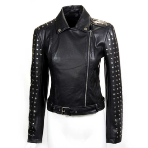 Women Studded Leather <b>Jacket</b> Black Biker Motorcycle <b>Punk</b> Style Genuine Leather OEM Custom Wholesale Supplier Women Stud Leather - Product Image 5