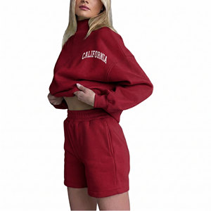 Conjunto de Sudadera y Pantalones Cortos Bordados Rojos de California para Mujer, Corte Holgado, Ropa Casual de Primavera/Verano, Traje de Felpa - Product Image 1