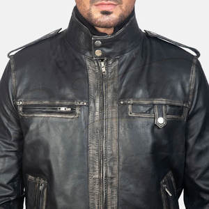 Chaqueta Bomber Negra para Hombre de Gamuza Genuina con Paneles de Cuero Acolchado en los Hombros, Cuello Alto y Ribete Acanalado - Product Image 3