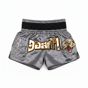Shorts MMA brodés sur mesure pour hommes, gris, logo tigre, Muay Thai, boxe, entraînement de kickboxing, coupe classique, taille adulte - Product Image 1