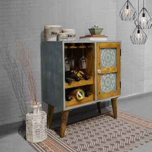 Mueble Moderno para Vino de Madera Maciza de Mango con 4 Compartimentos y Soporte para Copas, Armario de Almacenamiento de Bar de Madera Artesanal Duradero y Independiente - Product Image 2