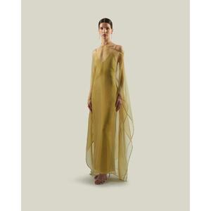 Robe de soirée élégante en coton/polyester vert, longueur cheville, coupe trapèze, sans manches, col en V, design asymétrique, haute qualité - Product Image 4