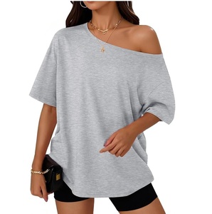 T-shirt asymétrique à épaules dénudées pour femme, coupe ample, couleur unie, style printemps-été - Product Image 1