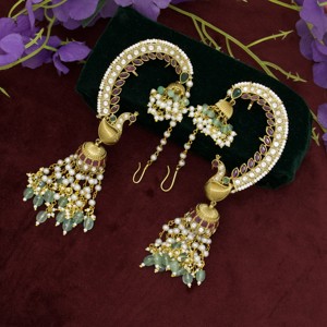 Traditional Imitation Antique Gold Plated Style Kundan Peacock Emerald Cut <b>Ear</b> <b>Cuff</b> Jhumka <b>Earrings</b> Pearl Beads Drop for Women - Product Image 4