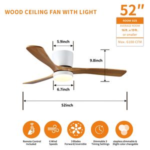 Ventilateur de plafond LED moderne en bois blanc de 52 pouces avec lumières et télécommande, 6 vitesses, réversible, montage encastré - Product Image 6