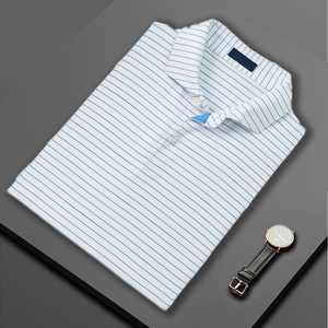 Polo rayé à manches courtes pour homme '' SOSH4 '' Coupe classique Tissu tissé décontracté Col bleu clair avec motif - Product Image 4