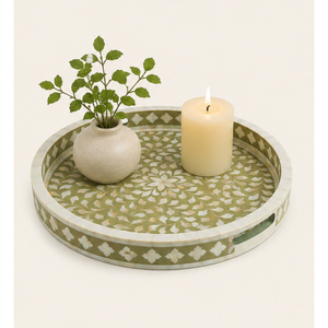 Plateau de service de mariage moderne fait main avec incrustation de nacre, design mosaïque en bois écologique vert olive et poignées - Product Image 4