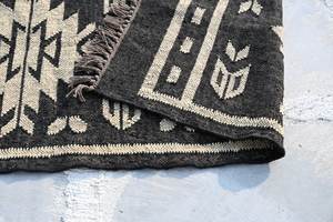 Tapis Kilim en laine et jute tissé à la main, écologique, antidérapant, noir ivoire, géométrique, tissage plat, pour salon, couloir - Product Image 5