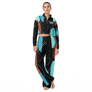 Custom Solid Casual <b>Women's</b> Cropped Top & Wide Leg <b>Jogger</b> Set with High Neck Style Top And <b>Baggy</b> Style Pant and Sublimated Print - Product Image 5