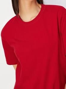 Haut ample décontracté pour femme en polyester/coton tricoté 180g, décoré de rouge, col rond uni, manches courtes, été, écologique - Product Image 2