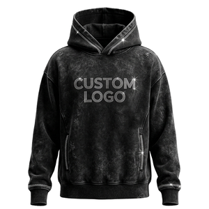 Sweat à capuche personnalisé avec logo, effet délavé, en molleton épais 100 % coton 400 GSM, avec strass, pour pantalon de survêtement - Product Image 1