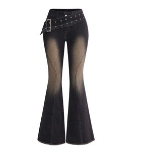 Custom Wholesale High Waist Black Flare Denim <b>Pants</b> With Belt Distressed Washed <b>Skinny</b> Fit Full Length Casual Women's <b>Pants</b> - Product Image 1