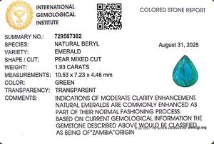 Esmeralda Verde de 1.93 Quilates, Forma de Pera, de Zambia, Gema Suelta - Product Image 6