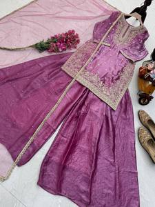 Luxury Fandy Silk Embroidered Kurti Palazzo Set with Diamond Hand Work & Soft <b>Net</b> Dupatta - Product Image 5