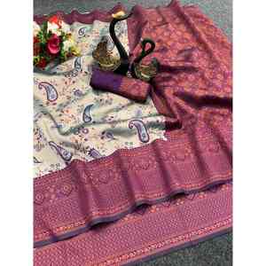 ATTRACTIVE TISSU SILK TRIPLE COPPER ZARI WEAVING WORK SAREE WITH UNSTITCHED BLOUSE WINE - Product Image 1