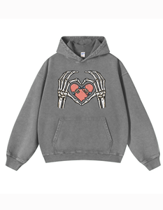 Oversized Gray Hoodie With Skeleton Hands <b>Heart</b> Skateboard Print Unisex Casual Fleece Sweatshirt Autumn Streetwear - Product Image 1