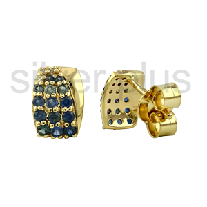 14K Gold Plated <b>Blue</b> Sapphire White Diamonds Pave <b>Stud</b> <b>Earrings</b> Multi Stone Cluster Fine Jewelry - Product Image 4