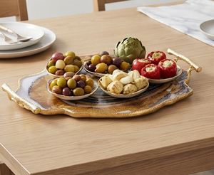 Plateau de service élégant à motif marbré avec poignées dorées, finition polie, usage résidentiel, parfait pour la maison et la table de cuisine - Product Image 3