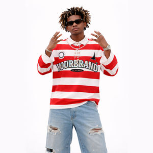 Camiseta de Rugby Personalizada con Bordado y Pedrería para Hombre, 100% Algodón, Manga Larga, Corte Cuadrado, Tejido de Punto a Rayas - Product Image 3