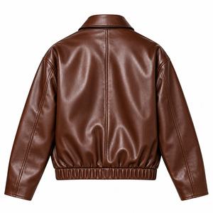 Veste bomber en simili cuir marron pour femme, fermeture éclair, col rabattu, manteau court, couleur unie, automne - Product Image 2