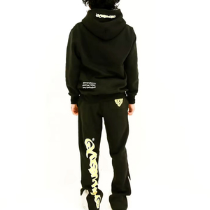 Unisex Black Hooded Tracksuit Set With Slogan Print Full Length Sweatpants And Pullover Streetwear Style For Adults Autumn Wear - Product Image 2