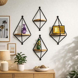 Reclaimed Mango Wood Geometric Wall Shelf <b>Black</b> Metal <b>Frame</b> Wholesale - Product Image 1