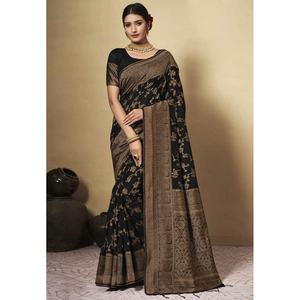 Saree de travail Jari en soie de coton Chanderi traditionnel avec chemisier non cousu Design africain noir - Product Image 1