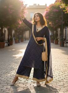 Traje plazzo de georgette azul marino con detalle de encaje con estampado digital, cuello en V, talla única, pantalón y dupatta con borde de encaje, ideal para festivales. - Product Image 1