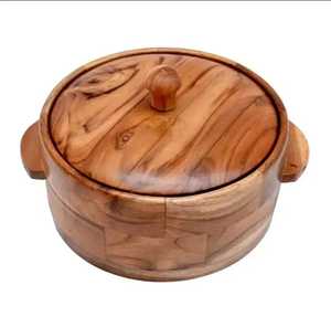 Plat de service en bois isolant pour aliments chauds, avec poignées latérales et couvercle à bouton rond, vaisselle - Product Image 1