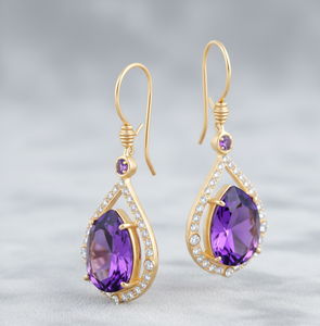 ต่างหูรูปหยดน้ำอะเมทิสต์สีน้ำเงินขนาด 5 นิ้ว ประดับเพชร CZ 10x14 มม. เงินแท้ 925 ชุบทอง 18K เครื่องประดับดีไซน์เนอร์ - Product Image 1