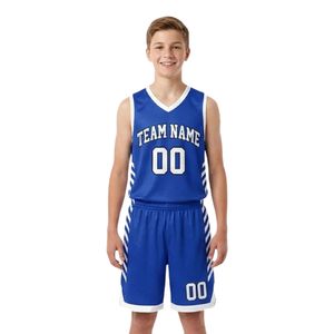 Ensemble d'uniformes de basketball personnalisés pour hommes, bleu roi et blanc, maillot sans manches à col rond, short avec rayures latérales imprimées, kit de vêtements d'équipe en gros - Product Image 1