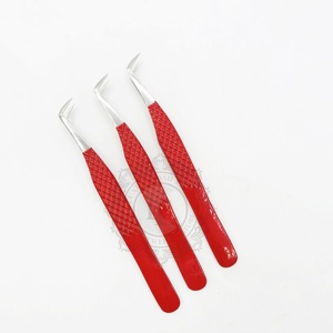 Private Label Red <b>Powder</b> Coating Silver Tip Eyelash <b>Volume</b> Tweezers Sustainable Stainless Steel Diamond Pattern Tweezers - Product Image 2
