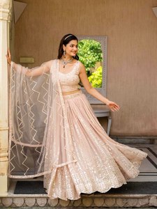 Peach Georgette <b>Lehenga</b> Choli Real Mirror Work Embroidered <b>Lehenga</b> Choli - Product Image 1