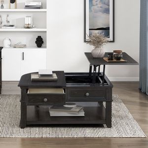 Tavolino da Caffè in Legno Resistente con Piano Sollevabile, Ripiani Aperti e Cassetto Portaoggetti, Nuovo Stile di Arredamento per Soggiorno in Finitura Antracite - Product Image 3