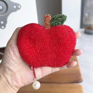 Handmade Beaded Coin <b>Purse</b> – Pink Cherry Pouch with <b>Green</b> Tassel, Cute Beaded Wallet, Fruit Bead Bag, Small Gift for Her. - Product Image 1