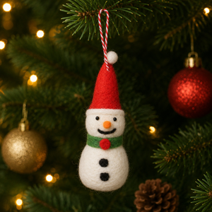 Handmade Felt Snowman Christmas <b>Ornament</b> <b>Red</b> Hat Green Scarf Traditional Holiday Decoration - Product Image 1