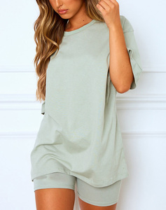 Women's Light Green Two-Piece <b>Set</b> Short Sleeve T-Shirt Short Casual Loose Fit Crew Neck Printed Letter Design Spring Summer Wear - Product Image 3