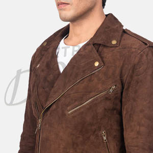 Veste de motard en cuir suédé marron foncé pour homme, classique, double fermeture éclair, en véritable peau de mouton, chaude pour l'hiver, avec ceinture - Product Image 1