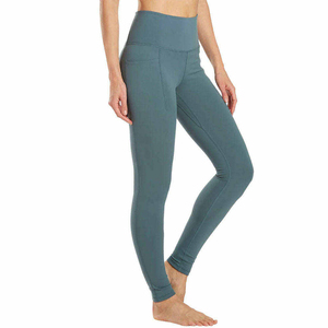 High Waist Full Length Yoga <b>Leggings</b> Solid Teal Color With Pockets Seamless Four-Way Stretch Spandex Nylon Pants - Product Image 2