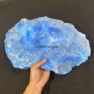 Plateau en agate bleue polie, plateau de service en agate naturelle, assiette décorative en pierre précieuse, vente en gros - Product Image 3