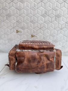 Hand <b>Tooled</b> Leather Cowhide <b>Backpack</b> With Floral Carving Unisex Bohemian Style Multiple Pockets Zipper Closure Daily Use Bag - Product Image 4