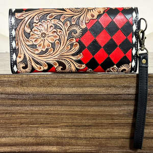 Cartera de Cuero Vacuno Hecha a Mano de Primera Calidad, con Diseño Floral y Patrón a Cuadros, de Gran Capacidad, para Mujer - Product Image 5
