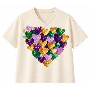 เสื้อยืดโอเวอร์ไซส์ผ้าฝ้ายสีครีมสำหรับผู้หญิง ดีไซน์ไหล่ตก ทรงหลวม ปักลายมาร์ดิกราส์ แขนสั้น - Product Image 3