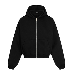 Sweat-shirt à capuche zippé intégral noir jais, style moderne et minimaliste, coupe ample et décontractée, en polaire, avec détails côtelés - Product Image 1